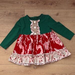 Ricrac & Ruffles Green Long Sleeve with Red Floral Skirt